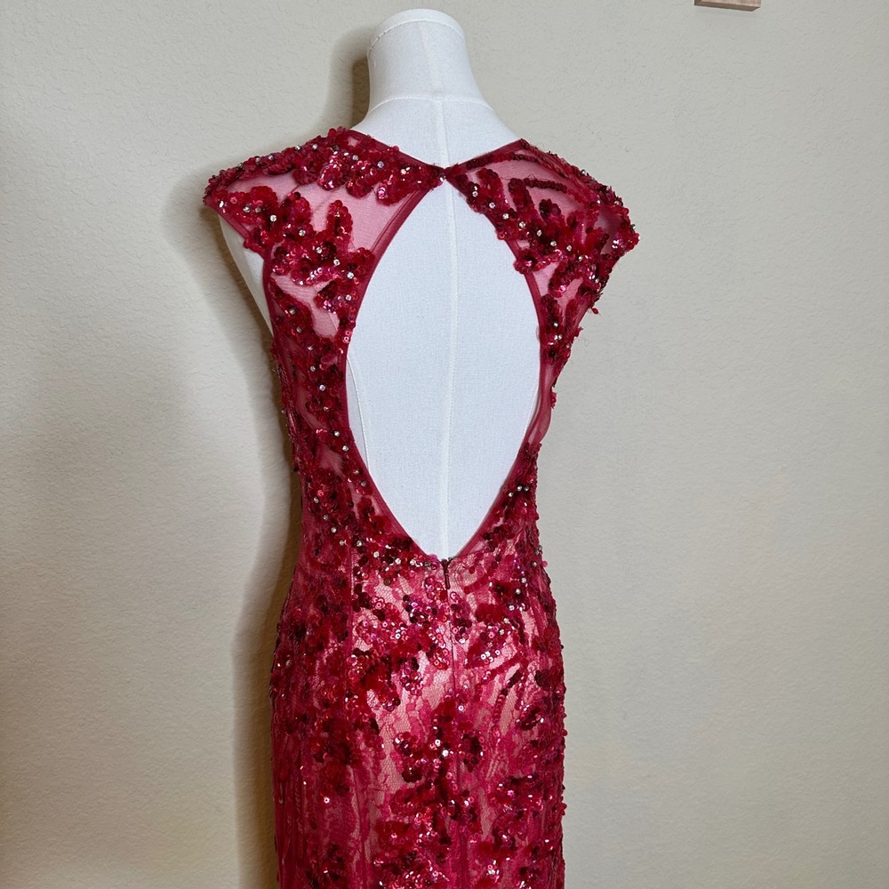 VTG Red Sequin Floral Lace Gown Sleeveless Keyhole Back Formal Evening Prom Gala - Picture 11 of 15